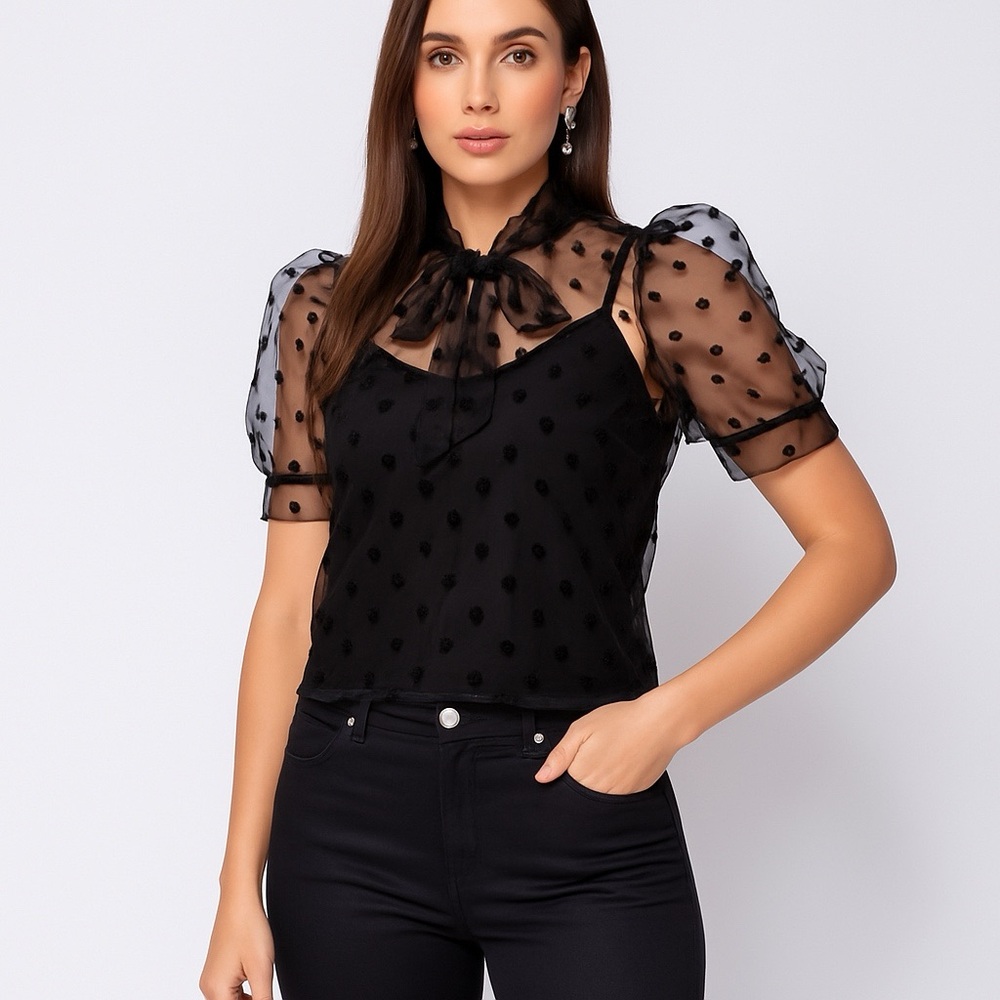 Black Mesh Puff Sleeve Top with Polka Dots and Bow Tie black tank top underneath